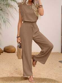 conjunto de 2 piezas Sin Mangas Con Top De Encaje Recortado Y Tela Texturizada Para Mujer - Marrón - Ver 6