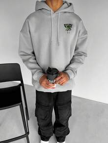 Zrgoth 男士棕榈树印花袋鼠口袋连帽衫，休闲街头风，秋冬款 - 灰色 - 查看 6