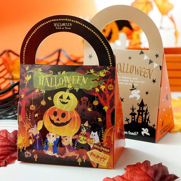 4pcs Warm-Toned Elemental Illustration Design Candy Gift Box, Funny Handle Shape, Creative Handheld Gift Box, Essential For Halloween Events