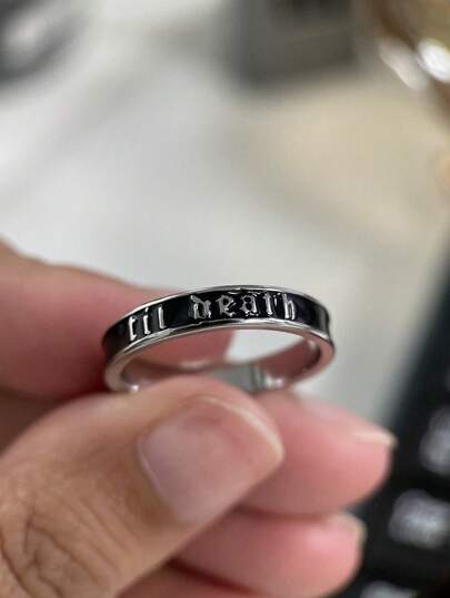1pc 4mm Wide Black Enamel "Till Death Do Us Part" Ring, Unisex, Anniversary, Wedding, Promise Ring, Made Of Copper Alloy, Stackable, Anniversary, Birthday, Valentine's Day Gift