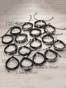 10/20/30Pcs Men's Cool Punk Style Hip Hop Faux Leather Bracelet Skull Cross Star Design Vintage Hand Jewelry For Men Women Gifts Thanksgiving Father's Day Graduation Creative Metal Dots Fashion Jewelry - 黑色 - 查看 5