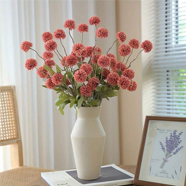 1 Bouquet Of 5 Dandelion Artificial Flowers, Autumn Colors, Decoration For Living Room, Dining Table, Gifts For Valentine's Day, Birthday, Graduation - Pink - View 1