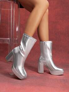 Women's Chunky Platform Mid-Calf Boots Waterproof Square Toe Fashionable Lightweight Comfort Elegant Bright Solid Color Side Zipper Classic For Parties Dress Festival Ankle Go Go Silver Boots - 銀色 - 查看 3