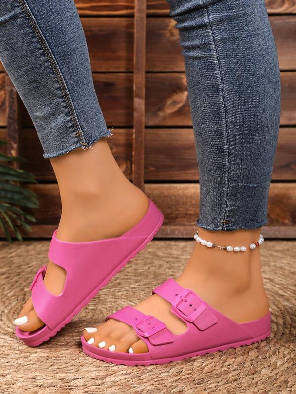 Sandale fuchsia pentru femei, sandale cu două barete EVA cu cataramă, papuci de plajă antiderapanți, ușori, moi și confortabili, absorbanți de șocuri