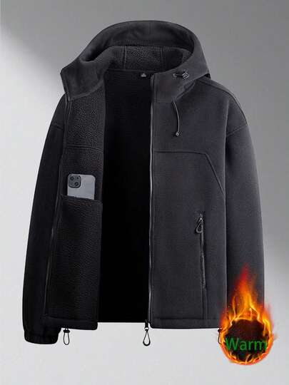 Herrlångärmad höst-/vinterjacka med tjock huva, avslappnad och trendig fleecejacka