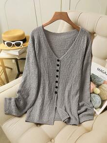 Cárdigan de punto con botones de unicolor informal en tallas grandes