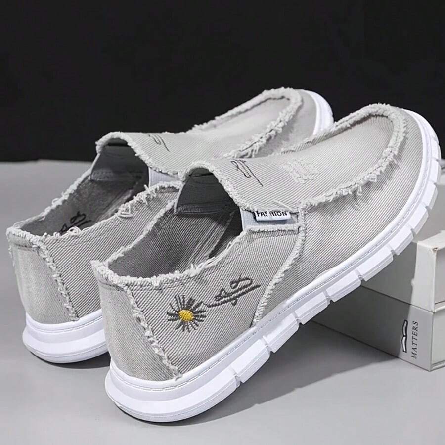 Popular Lace-Free Casual Daisy Embroidery, Raw Edge Decorative Canvas Women's Shoes, Light And Breathable, Soft And Comfortable Lazy One-Step Women's Shoes, Suitable For Going Out, Home, Walking - 灰色 - 查看 1