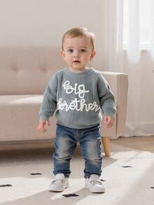 Toddler Boys Knitted Jumper Big Bro Letter Embroidery Round Neck Pullover Sweater Baby Warm Knit Tops Pullover Knitwear - 灰色 - 查看 4