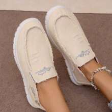 Popular Lace-Free Casual Daisy Embroidery, Raw Edge Decorative Canvas Women's Shoes, Light And Breathable, Soft And Comfortable Lazy One-Step Women's Shoes, Suitable For Going Out, Home, Walking - 米色 - 查看 3