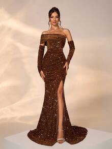 Elisanya Autumn/Winter Velvet Sequin Luxury Elegant Lady Banquet Gown, Removable Long Sleeve Trailing Dress, High Waist Party Dress Occasions - Coffee Brown - View 7