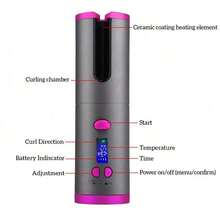 Rizador de pelo inalámbrico, rizador automático portátil recargable por USB con varilla cerámica giratoria, herramienta de peinado - Gris - Ver 3