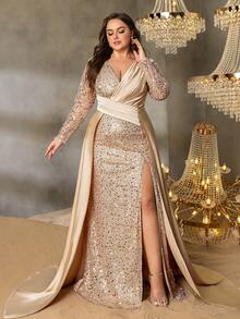 Elisanya Curve Plus Women's V-Neck Long Sleeve High Slit Fishtail Formal Evening Gown | Elegant Design - Champagne - View 4