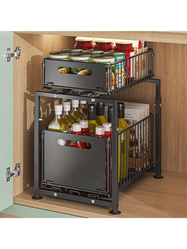 Organizador de gabinete de baño de 2 niveles deslizante, estante de especias de metal, organizador de debajo del fregadero de la cocina con canasta de extracción doble, estante ajustable para utensilios de cocina, almacenamiento de especias para encimera del hogar
