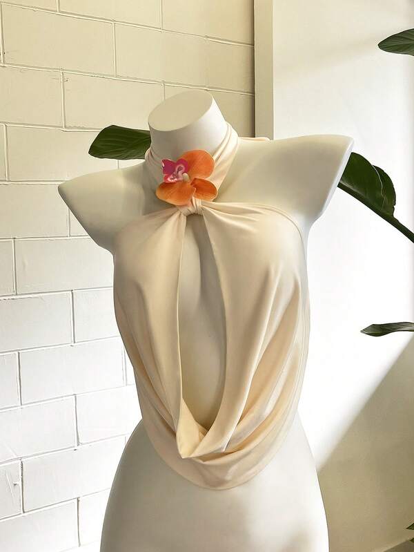 夏季假日服装，女士夏季露背上衣 Y2K 无袖露背 3D 花朵装饰前开背心，适合街头时尚美学上衣