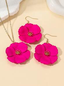 1 Set Asymmetrical Multi-Layer Metal Flower Pendant Necklace & Earrings, For Women - Hot Pink - View 2