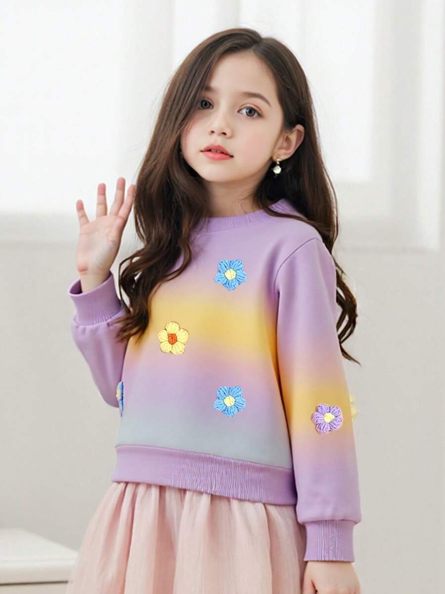 Sudadera de manga larga con cuello redondo, decoración floral 3D y degradado de arcoíris para niñas - Púrpura malva - Ver 1