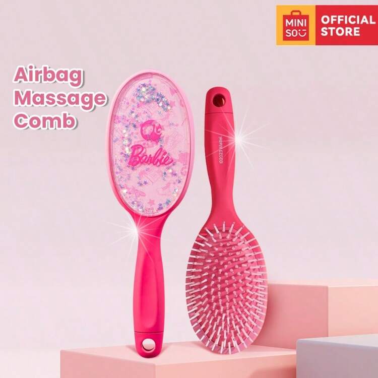 MINISO 芭比闪光气囊按摩梳 - 时尚闪光设计，柔软刷毛，减少头发损伤，适合家庭、办公室或旅行使用（1 件） - 粉色 - 查看 1