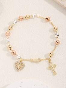 1pc Classic Copper Handmade 6N Laser Beaded Virgin Mary Heart-Shaped Bracelet, Suitable For Women To Wear Daily, Parties, Annual Events, Vacations Valentines,Mom,Mother,Mother's Day,Gift - Yellow Gold - View 6