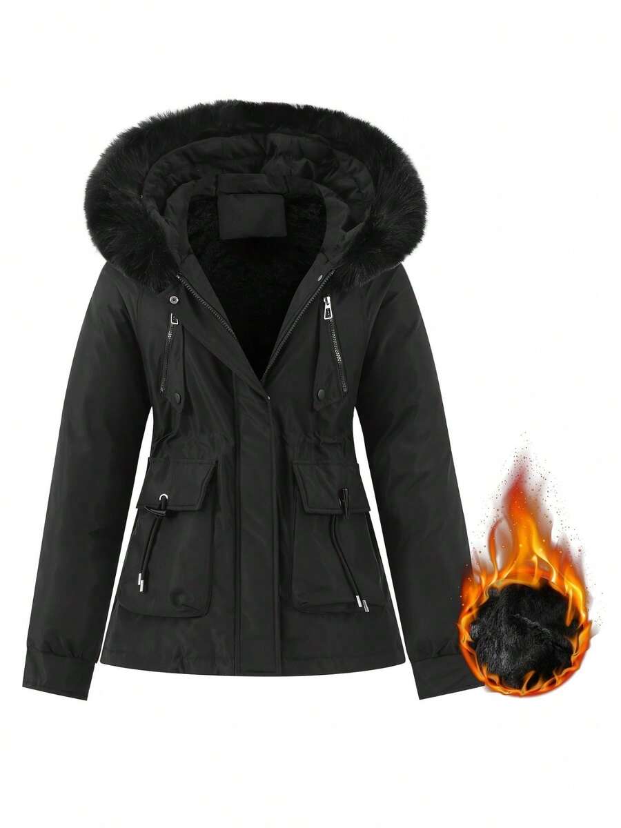 Women's Thicken Thermal Lined Parka Winter Warm Coat Adjustable Waist Rope Hooded Zip-Up Jacket With 2 Pockets 2 Fake Pockets,Skiing - Black - View 1