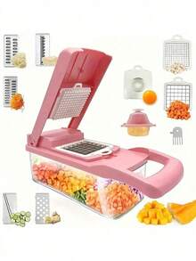 1set Vegetable Chopper, Multi-Function Fruit Slicer, Manual Food Mincing Machine, Home/Outdoor Salad Veggie Shredder With Container, Onion Chopper, Home/Outdoor Party Mincer, Potato Julienne, Kitchen Gadgets, Dorm Essentials - Pink - View 2