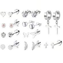 20 piezas Conjunto de aretes de acero inoxidable para mujeres y hombres con diseños de estrella, luna, flor, corazón, hoja y ópalo de 16G o 20G para cartílago, hipoalergénicos y con base plana para perforación y joyería - Pendientes - Ver 2