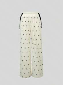 2025 Spring And Autumn Fashion Lace Ribbon Bowknot Print Wide Leg Pants, Suitable For Women In Spring, Autumn, Halloween, Christmas, Saudi National Day, New Year