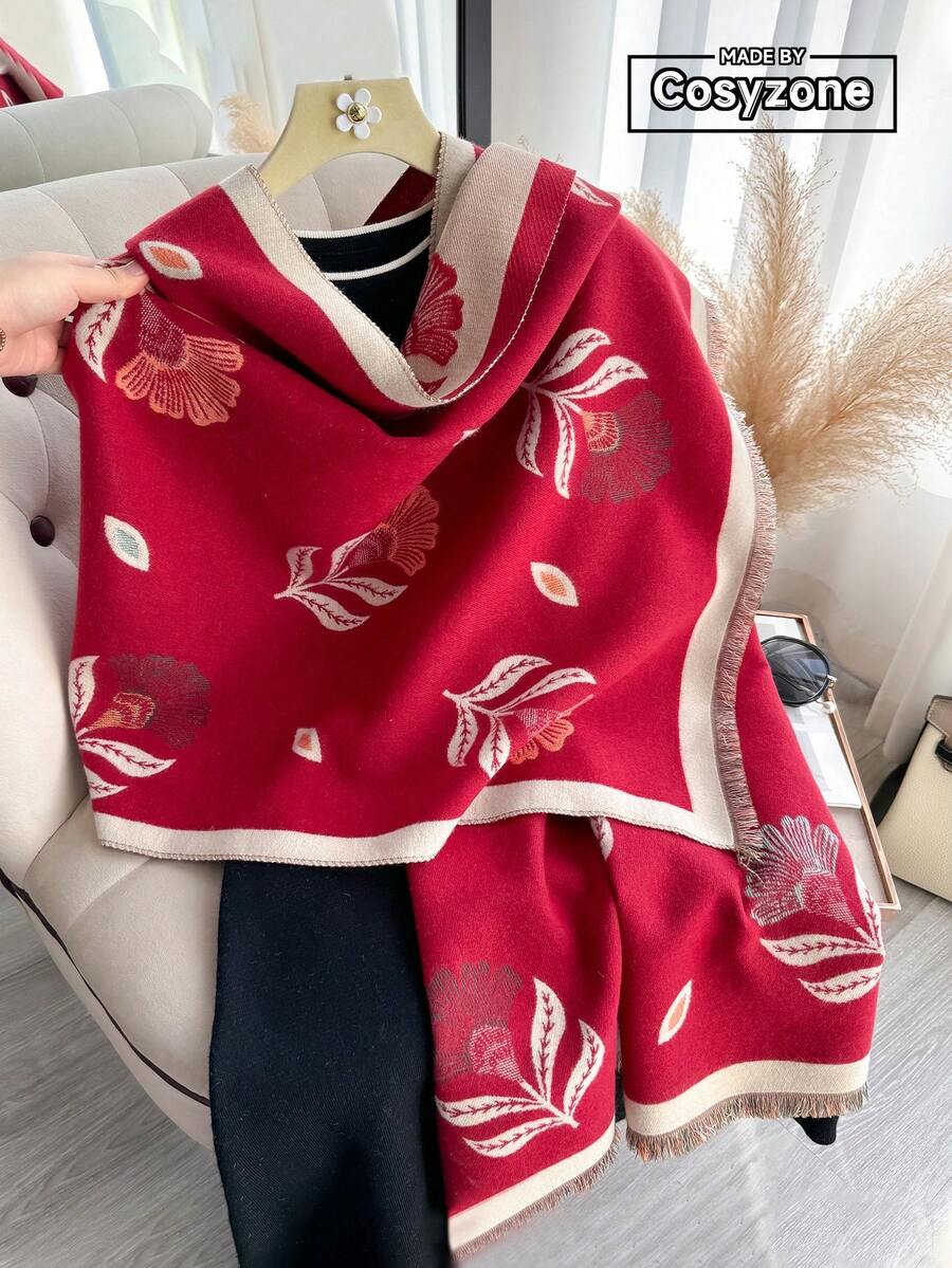 1pc Floral Jacquard Knit Faux Cashmere Warm Scarf/Wrap For Women, Versatile Fashion Accessory For Autumn/Winter, Suitable For Decoration For Dress - Red - View 1