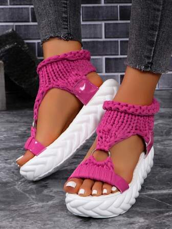 Women's Hollow-Out Thick Sole Woven Sandals, Fashionable Summer Style, Breathable Knitted Fabric