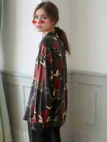 Women's Digital Print Casual Blouse, Couple's Date, Bird Pattern, Long Sleeve Button-Up Shirt, Spring/Autumn - Black - View 5