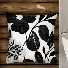 MEMNUN 1pc, Modern Black And White Floral Printed Pillowcases - Machine Washable, Zip Closure Cushion Cover With Simple Flower Design, 17.7 X 17.7 Inches, Decorative Throw Pillow Covers For Sofa Couch Living Room Bedroom (Without Fill) Pillow Case Room Decor Pillow Cases Cushion Covers