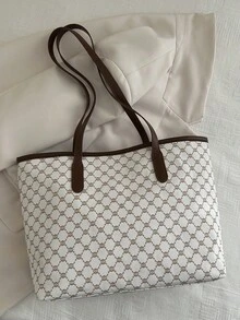 新款复古花卉印花女士托特包，大容量超轻铆钉装饰，适合通勤、购物、办公室、大学 - 白色 - 查看 9