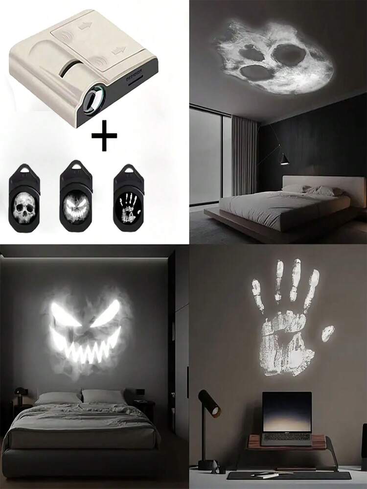 LED投影灯 - 骷髅/手印/表情可选，USB夜灯，适用于万圣节装饰、卧室和客厅氛围营造、墙面和天花板装饰、节日礼物、家居装饰、摄影背景、万圣节装饰、房间装饰、万圣节花园装饰、节日装饰 - 卡其色 - 查看 4