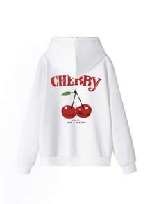 秋冬女装CHERRY樱桃字母图案长袖连帽卫衣，休闲宽松多功能度假风上衣，适合日常穿着的时尚秋季女装 - 白色 - 查看 4