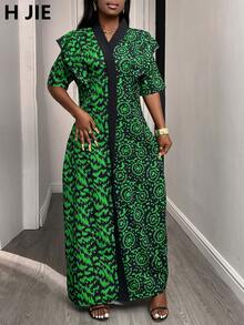 1 女款秋季绿色全长不对称印花中长连衣裙，优雅休闲，适合外出度假或聚会