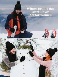 Halloween Decor Winter Beanie Hat Scarf Gloves Set, Fleece Lined Beanie Pom Long Scarf Neck Warmer Touchscreen Gloves Women Men - 黑色 - 查看 7