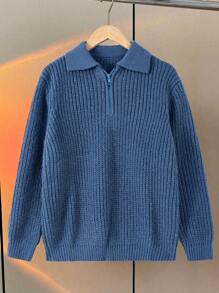 1pc Men & Teenage Boys' Solid Klein Blue Simple Casual Versatile Commute Sweater, Autumn/Winter