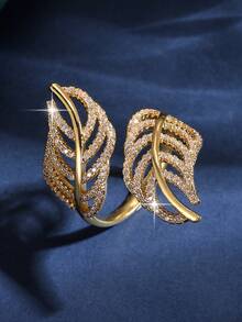 1 chiếc nhẫn đính hôn hình lá nhiều lớp mộng mơ đính đá Zirconia, mạ vàng, phù hợp cho nữ đeo hàng ngày, có thể mở ra, quà tặng trang sức. - Vàng - Xem 6