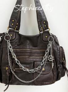 STEPHIECATHY 纯色水洗柔软PU仿皮，拉链闭合，多口袋设计，双短肩带，可调节腰带，男女通用，复古休闲实用，适合上学和日常通勤。 - 咖啡 - 查看 2