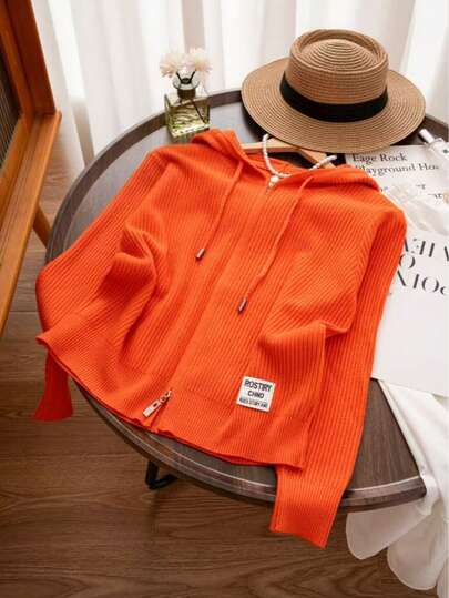 Women's Letter Graphic Zip-Up Drawstring Hoodie Cardigan, Casual Loose Fit