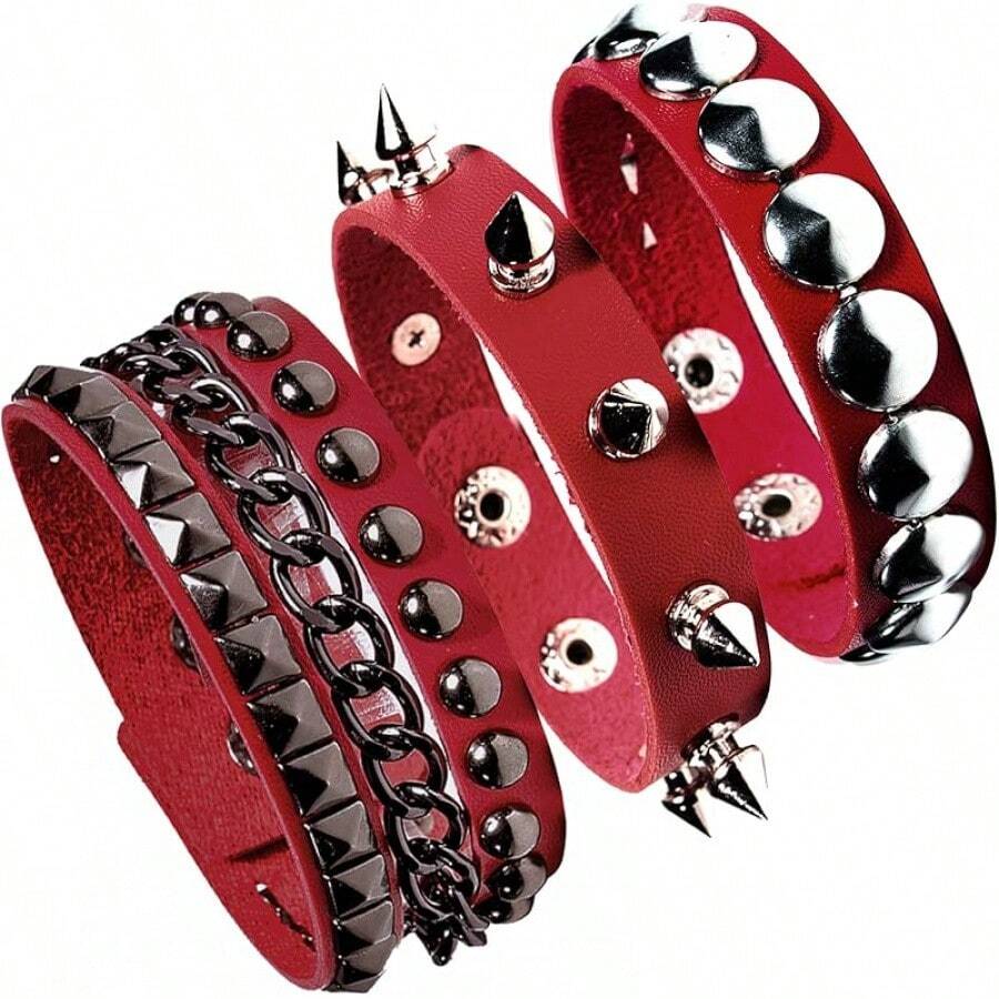 Eigso 3 Pcs Leather Punk Bracelets Men Women Of Rock Rivet Wrap Retro Spike Bracelet Adjustable - 紅色 - 查看 1