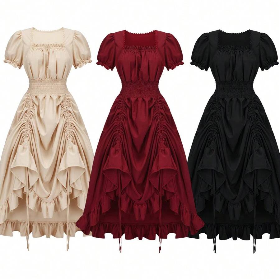 Victorian Vintage Square Neck Short Sleeve A-Line Dress With Layered Ruffle Hem, Renaissance Style ,Halloween Costume
