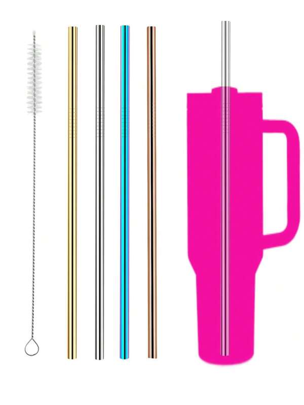 4 pièces pailles en acier inoxydable et 1 pièce brosse de nettoyage, cuisine, cadeau de Noël, fournitures scolaires