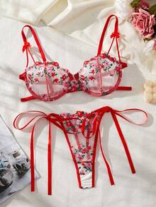 Floral Embroidery Mesh Sexy Lingerie Set, Rave - Red - View 5