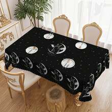 1pc Halloween Tablecloth - Black & White Ghost Hand, Cat, Moon, Skull Pattern - Wrinkle-Resistant Polyester Rectangular/Round Tablecloth, Suitable For Indoor/Outdoor Theme Parties, Holiday Dinners, Home Decor, Machine Washable, Easy Care, Perfect For Holiday Atmosphere Lovers