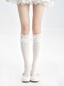 1双轻薄日式蝴蝶结蕾丝过膝袜，四季皆宜，Y2K风格，舒适保暖