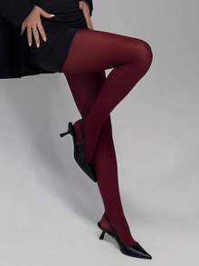 1pc Solid Color Everyday Basic Tights, Cozy - Burgundy - View 4