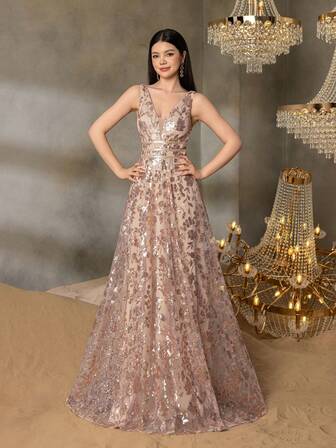 Alisa&Leo Elegant Sleeveless V-Neck A-Line Formal Gown For Teens: Perfect For Galas, Pageants, Black-Tie Dinners & Red Carpet Events - Sophisticated Evening Wear With Floral Patterns For Proms, Debutante Balls, Charity Functions, Award Ceremonies And Luxury Weddings