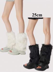 1双Y2K高筒仿毛皮腿套，棕灰色蓬松腿套，千禧年美学，舒适保暖