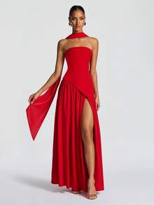 Elegant Sexy Strapless Slit Flowy Evening Gown Dress For Party - Red - View 5