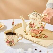 Juego de té de porcelana con rosas vintage, tazas de té con tetera, bandeja de servir y cucharitas, servicio para 4 personas, adecuado para regalos de fiestas de té - Multicolor - Ver 7